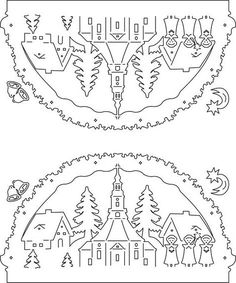 two black and white drawings of houses with trees on each side, one in the middle