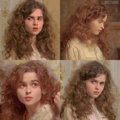 four different pictures of a woman with curly hair