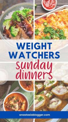 the weight watchers sunday dinner flyer is shown with pictures of different foods and sauces