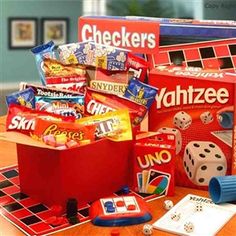 several games and dices on a wooden table