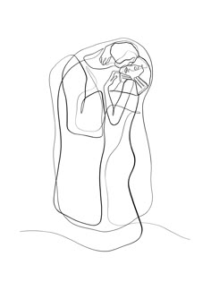 a line drawing of a woman's face with her hands on her chest and head in