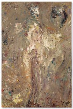 an abstract painting with white flowers and brown paint on the bottom half of the image