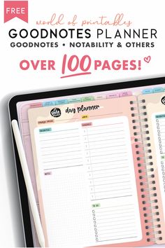 a planner and pen on top of a tablet with the words, goodnots planner over 100 pages