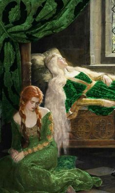 a painting of two women in green dresses sitting next to each other on a bed