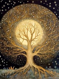 a painting of a tree with the moon in the sky above it and stars all around