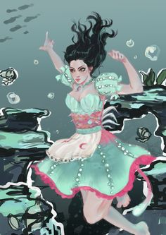 a painting of a woman in a green dress floating on top of water with bubbles