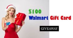 a woman in a red dress is holding a gift card with the words $ 100 walmart gift card