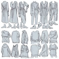 a bunch of clothes and shoes are shown in this drawing style, all drawn by hand