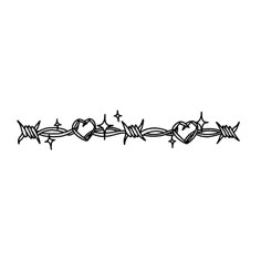 a black and white drawing of barbed wire with hearts on it's end, in the middle