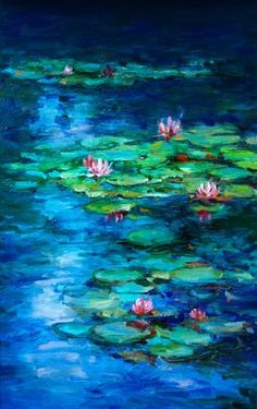 a painting of water lilies floating on top of green leaves