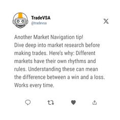 a tweet with an image of a person on the screen and text that reads, another market navigation tip dive deep into market research before making trades why