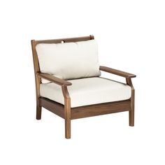 a wooden chair with white cushions on the back and armrests, against a white background