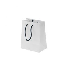 a white paper bag with a black string hanging from it's front loop and two handles