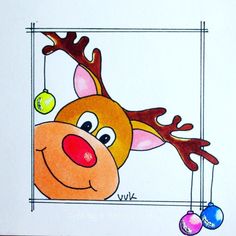 a drawing of a reindeer with christmas ornaments hanging from it's antlers and nose