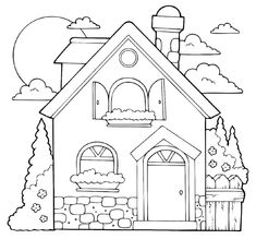 a house with trees and bushes in the yard coloring pages for kids to print out