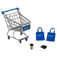 a shopping cart with two bags next to it