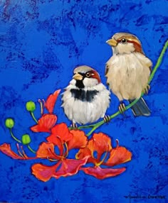 two birds sitting on a branch with red flowers in the foreground and blue background