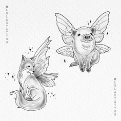 two pigs and a fox with wings