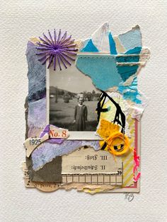 an altered collage with pictures, scissors and other things on it's side