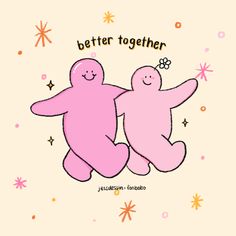 two pink teddy bears sitting next to each other on top of a white background with stars