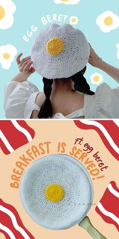 a woman wearing a crochet hat with an egg on it and the caption breakfast is served