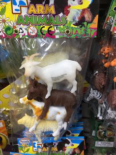 various toy animals are on display for sale