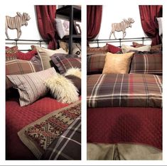 two pictures of a bed with red sheets and plaid comforter, one has a horse on the wall