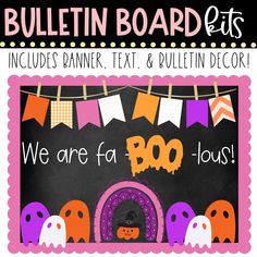 bulletin board with halloween decorations and bunting