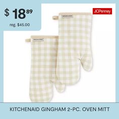 Protect your hands from hot pots and pans with the KitchenAid gingham 2-piece oven mitt set. Each generously sized oven mitt measures 7 inches wide by 13 inches long for easy on-and-off use and features a classic checkered print pattern. Made of 100% cotton that offers comfort and insulation, these mitts are heat resistant and machine washable for easy care.# Pieces In Set: 2Included: 2 7.5x13 Inch Oven Mitt(s)Features: Heat ResistantMeasurements: 7.25 Width/InchesMaximum Temp (f): 400 Degrees … Checkered Print, Oven Mitt, Oven Mitts, Hot Pot, Pots And Pans, Kitchen Aid, Print Pattern, Kitchen Towels, Heat Resistant