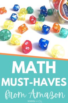 a jar filled with colorful dices next to the words math must - haves from amazon