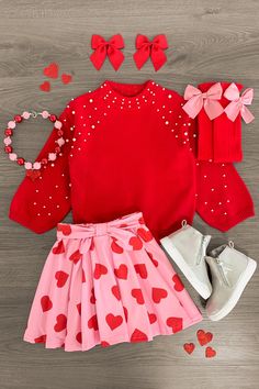 Red Pearl Sweater Hearts Skirt Set - Sparkle in Pink Heart Skirt Outfit, Pink And Red Outfit, Barbie Valentines, Valentine Photos, Heart Outfit, Girls Valentines Outfit, Happy Monkey, Cute Valentines Day Outfits, Keychain Designs