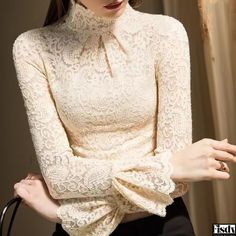 Fisdy - Half-Turtleneck Cashew Flower Lace Base Shirt with Mesh Overlay and Hollow Out Flared Sleeves - Womens Blouse Lace Shirt With Bell Sleeves, Layered Crop Top, Flared Sleeves Top, Layered Blouse, Vintage Inspired Fashion, Mesh Sleeves, Sleeves Top, Lace Bodysuit, Fashion Wear