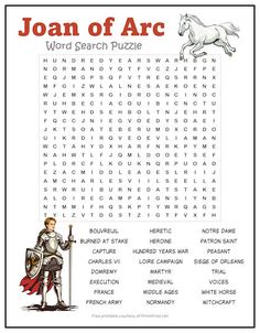 the joan of arc word search puzzle is shown in red and white with an image of a