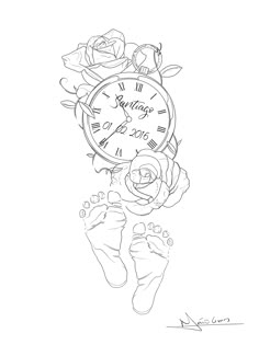 a black and white drawing of a clock with roses on it's face next to two feet