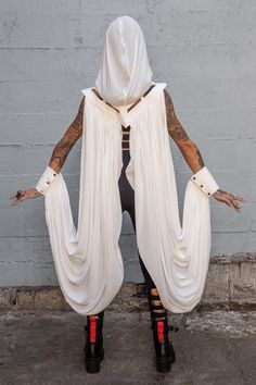 Eyecon Priestess Hood - Hood -  - FIVE AND DIAMOND Cape Attached To Wrist, Festival Outfit Accessories, Kimono With Hood, Rave Hood Pattern, Hooded Rave Outfit, Healer Character Design, Priestess Clothing, Diy Festival Clothes, Afro Futurism Fashion