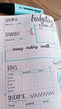 White notebook with blue calligraphy writing on it to track money, finance and bills in your bullet journal Bullet Journal Finances, Financial Bullet Journal, Bujo Finance Tracker, Bullet Journal Topics, Bullet Journal August, Journal Organization, Bullet Journal Key