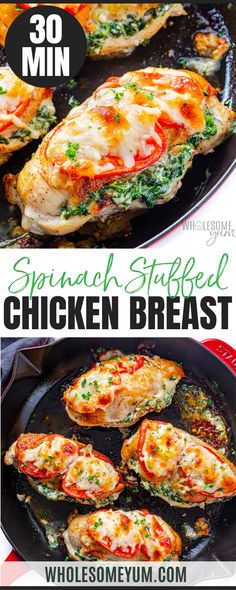 spinach stuffed chicken breast in a skillet with the words spinach stuffed chicken breast on