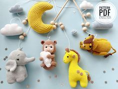 crocheted stuffed animals hanging from strings on a blue background with the caption pattern pdf