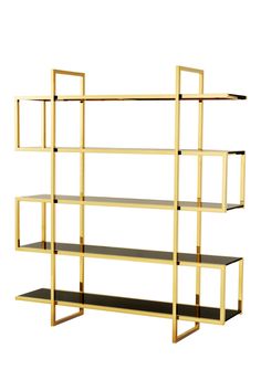 a gold and black shelf with three shelves on each side, against a white background