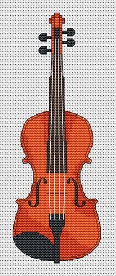 an orange violin on a white background with black dots in the bottom right corner and two strings at the top