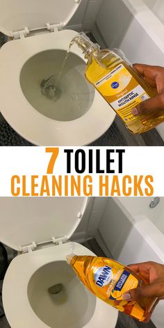 a person holding a bottle of toilet cleaner next to a white toilet with the words 7 toilet cleaning hacks on it