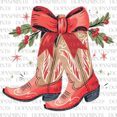 a pair of cowboy boots with holly leaves and bows on the side, in red