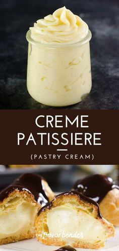 creme patissee pastry cream in a jar with chocolate drizzled on top