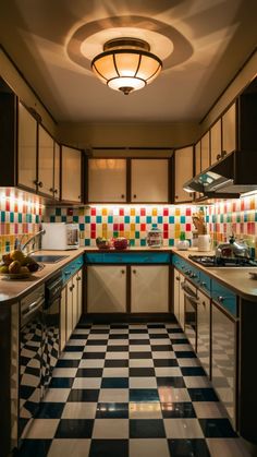 a kitchen with black and white checkered flooring and colorful tiles on the walls