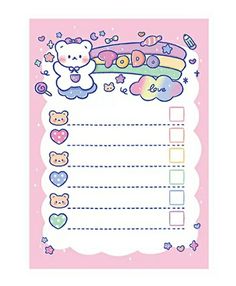 a pink notepad with teddy bears and rainbows on the top, surrounded by hearts