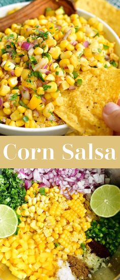 corn salsa in a bowl with tortilla chips and cilantro on the side