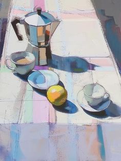 a painting of coffee and fruit on a table