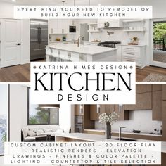 the kitchen design flyer is shown in three different photos