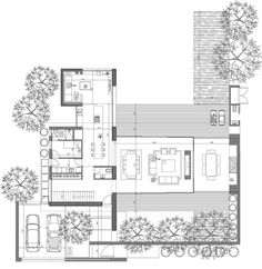 the floor plan for a modern house with two levels and an open living room, dining area