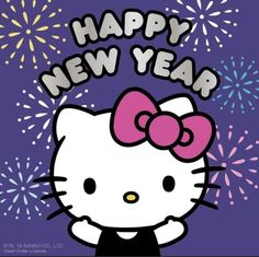 an image of a hello kitty happy new year greeting card with fireworks in the background